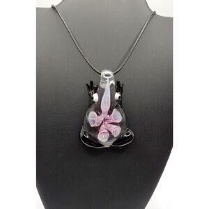 Purple Lampwork Glass Frog Pendant Necklace on Black Faux Leather Cord 20 to 22"